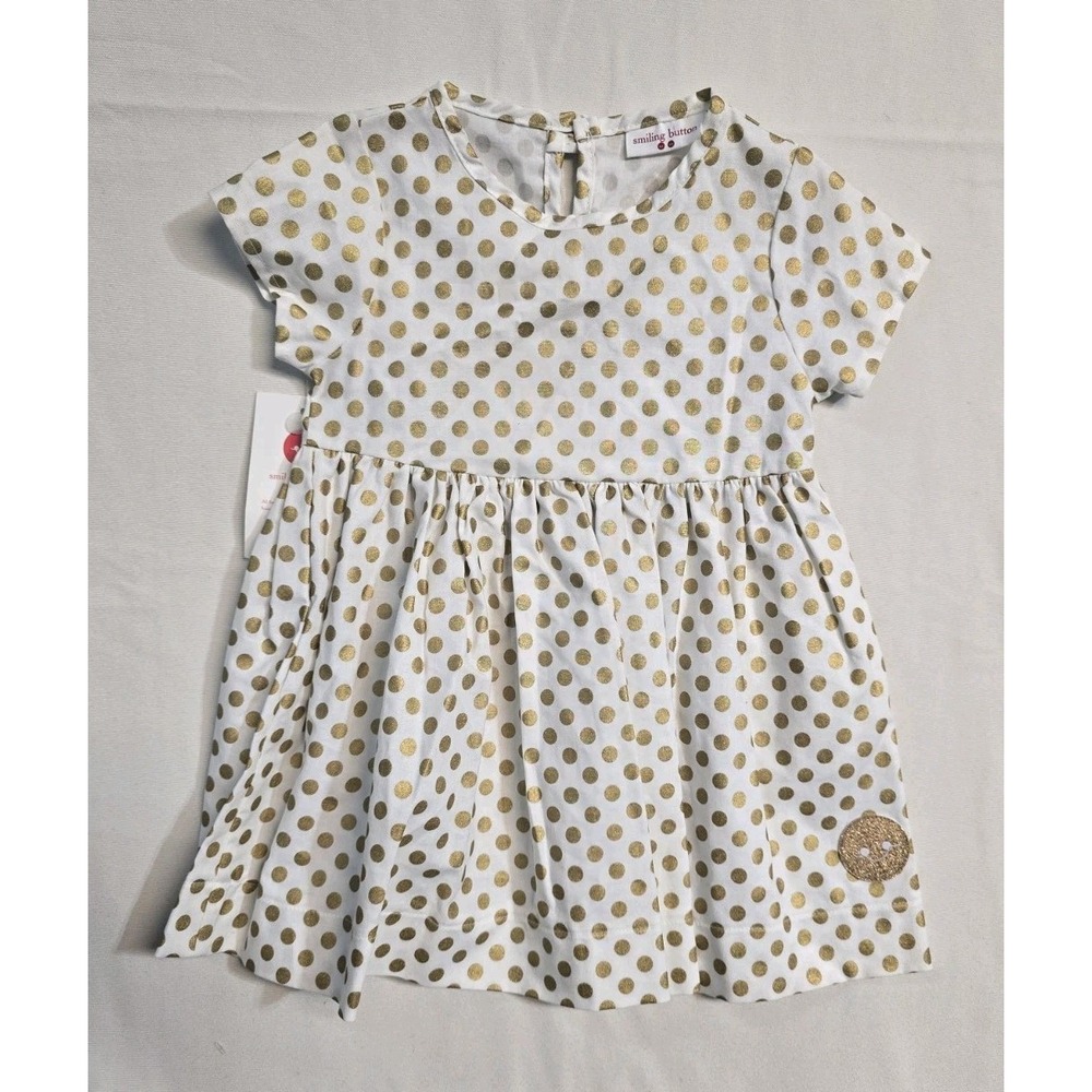 Smiling Button Boutique Girls Dress 2 T‎ White Gold Dots NEW